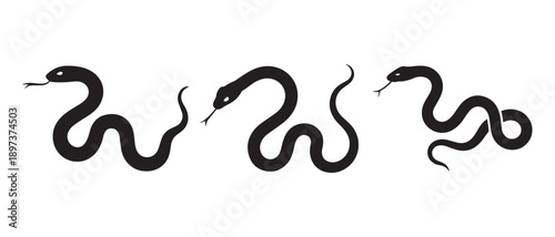 Black Snake Silhouettes in Various Poses Isolated on White Background.