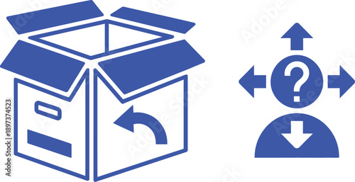 Blue open box with arrows and question mark cardboard