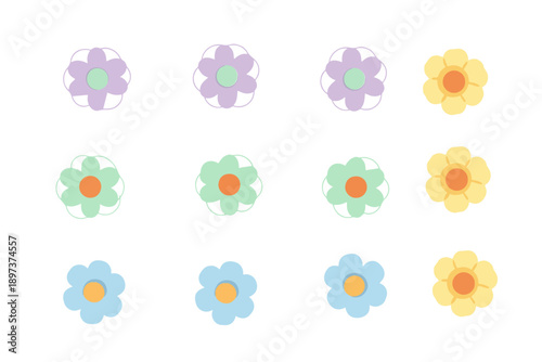 A collection of colorful stylized flowers arranged in a grid pattern