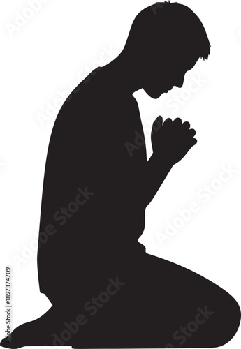 Young man kneeling in prayer, head bowed in devotion, hands clasped together, black silhouette against transparent background