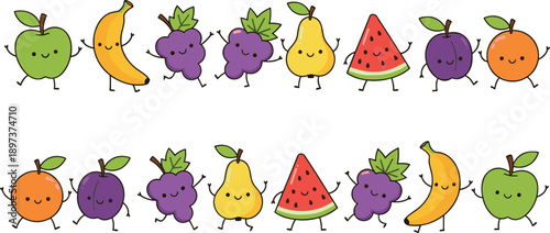 Kawaii fruit character illustrations featuring smiling apple banana grapes pear watermelon plum and orange for children's healthy branding.