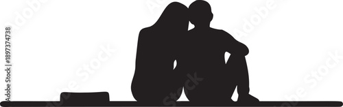 Silhouette of romantic couple sitting together outdoors at sunset viewing landscape from bench in peaceful evening atmosphere