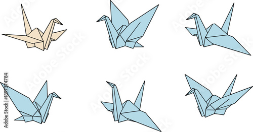 Large collection of origami crane icons and line art illustrations in pastel colors for zen-inspired graphic design projects.