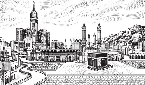 A black and white illustration of a cityscape with a large building and a mountain in the background, featuring a prominent tower and mosque.