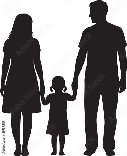 Family silhouette holding hands, parents and daughter united, symbol of love and togetherness, happy family connection, clear background
