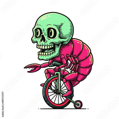 Colorful skeleton crab riding a unicycle on white background