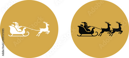 Minimalist Christmas Santa sleigh and reindeer silhouette icons in gold circles for elegant holiday branding and festive stickers.