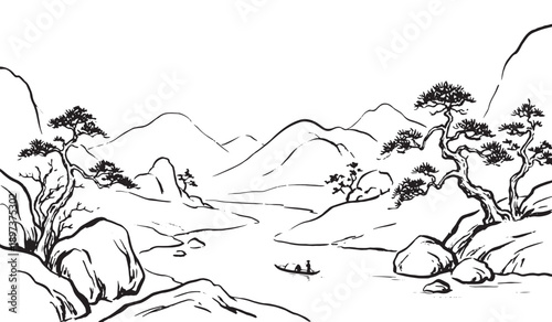 Detailed black and white line art illustration of a serene desert mountain landscape with trees, rocks and river, peaceful wilderness scenery, minimal nature sketch for travel and outdoor design