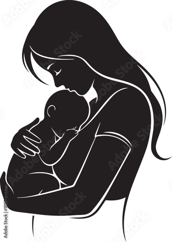 Mother and baby silhouette vector illustration tender embrace of a mom holding her newborn child with love