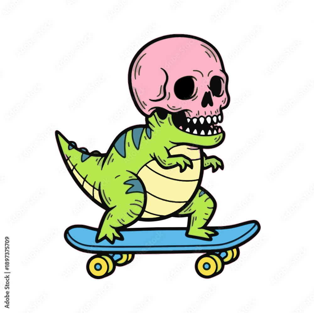 Obraz premium Cartoon dinosaur with skull head skateboarding in colorful style
