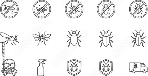 Professional pest control line icons featuring insect silhouettes with spray bottle gas mask and extermination service truck symbols.