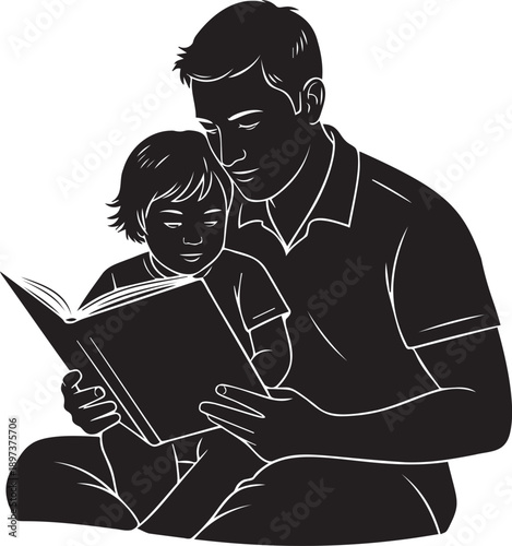 Father and child reading book together, monochrome vector illustration of parent and kid learning