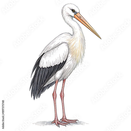 Elegant Stork Portrait: A dignified stork stands tall, its striking plumage and elongated beak showcased in this detailed illustration.