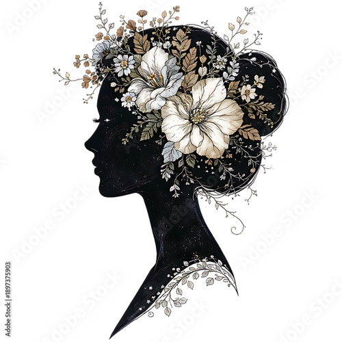 Floral Silhouette: A captivating silhouette of a woman adorned with an exquisite floral arrangement, a delicate fusion of nature and feminine elegance. 
