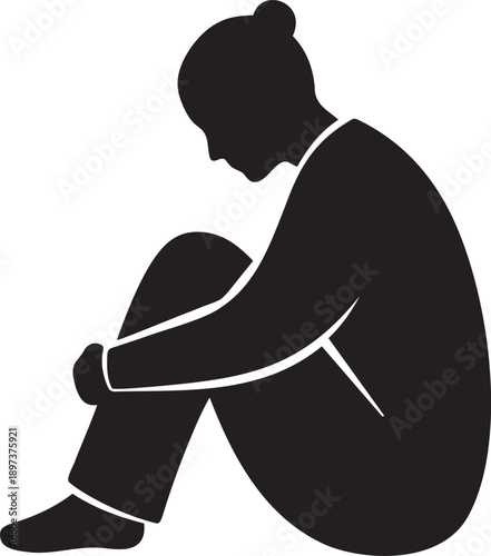 Sad woman silhouette sitting on floor, isolated on transparent background, expressing depression, loneliness, or sorrow