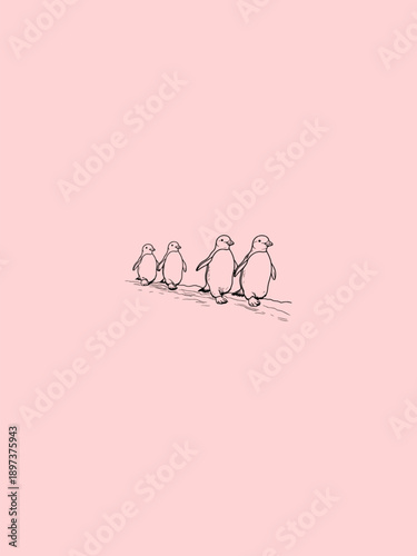 Adorable penguins walking together in a line on pink background