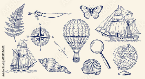 A captivating handdrawn collection of vintage exploration and travel elements