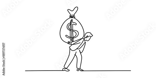 Continuous line drawing of a person walking while carrying a heavy money bag on their back Vector, illustration