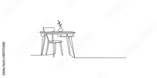 Minimalist black and white continuous line art of a stylish home office or study desk and chair Vector, illustration