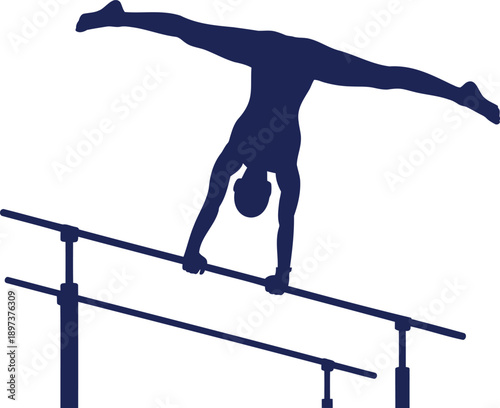 Dark blue silhouette of gymnast on parallel bars gymnastics