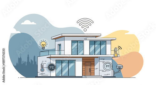 Modern residential building illustrating key features of comprehensive smart home automation systems and remote connectivity technology.