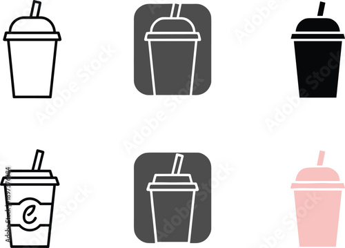Take-away cup icons for iced coffee and smoothies in line art silhouette and pastel pink for café branding.