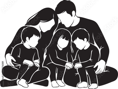 Happy family with parents and three children sitting closely together, hugging, black silhouette against transparent background