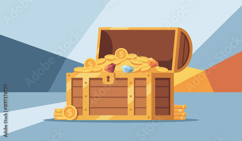 Flat vector illustration of an open treasure chest filled with gold coins and gems, pirate loot concept, financial wealth and reward symbol, colorful cartoon style for game and app design