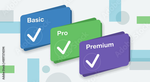 Visual representation of subscription tiers including basic, pro, and premium plans with white checkmarks indicating selection.