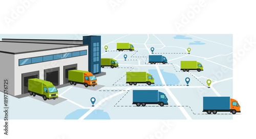 Illustration depicting multiple delivery trucks departing from a warehouse following defined routes on a mapped network system.