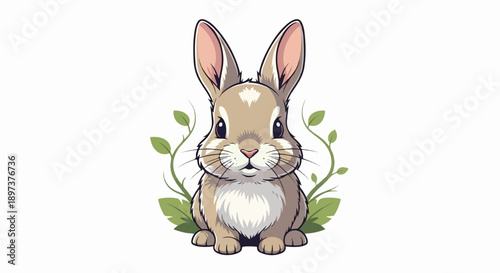 Cute cartoon bunny with big ears and white belly sitting amidst green leaves on a white background, illustrative