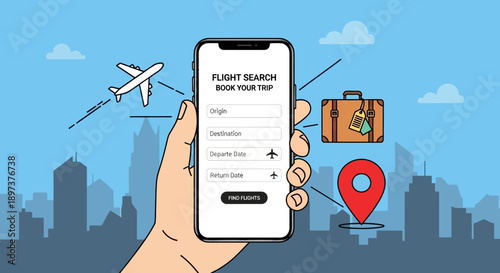 Digital illustration showcasing a hand holding a smartphone actively using a flight search application to book essential travel plans easily.