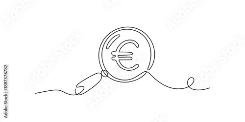 Continuous line drawing of a magnifying glass and a euro symbol, representing financial search isolated on white background, Vector, illustration