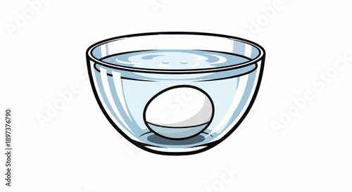 An illustration showing a white egg partially submerged in clear water within a transparent glass bowl