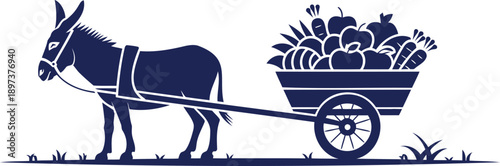 Donkey pulling cart filled with fruits and vegetables