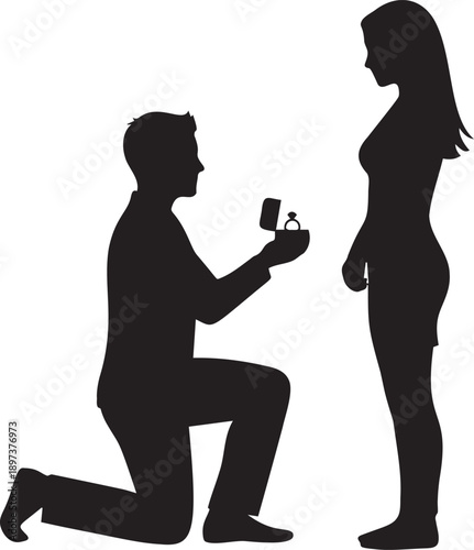 Man proposing marriage kneeling with ring box offering proposal silhouette woman surprise proposal romantic gesture vector