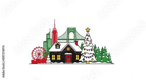 Festive winter illustration with a house, cityscape, bridge, Ferris wheel, and snow-covered trees