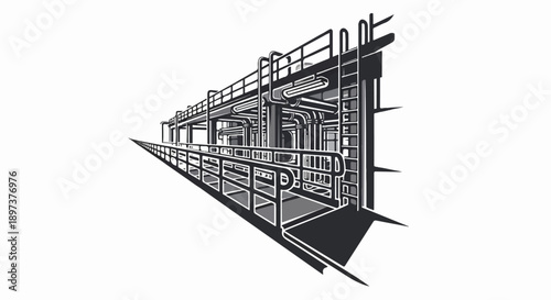 Stylized monochrome vector drawing of an industrial facility with intricate pipes and elevated walkways
