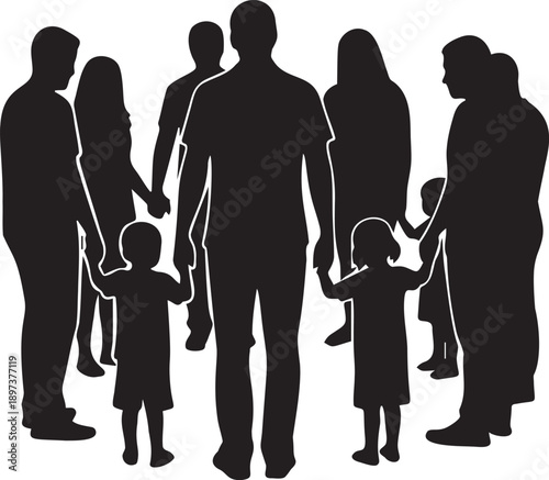 Family gathering silhouette holding hands group adults children standing together unity community connection love vector