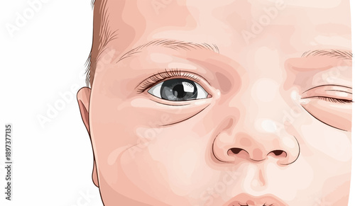 Close-up vector illustration of a baby's face, featuring one open gray eye and one closed eye, with nose