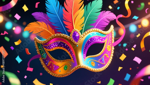 A bright Carnival greeting card with a sparkling feathered mask, flying confetti, and colorful streamers, capturing the festive joy and lively celebration in a vibrant, elegant design.