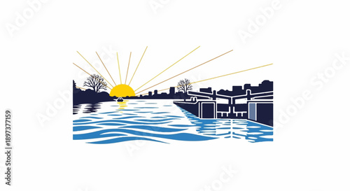 Stylized river scene with a city skyline, trees, boat, and radiating sun at sunrise/sunset