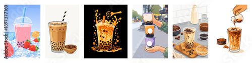 Versatile beverage set consisting of refreshing bubble tea options prepared with creative recipes and different fruit extracts.
