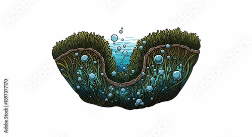 Illustration of a vibrant underwater world with lush green kelp-like plants and many rising air bubbles