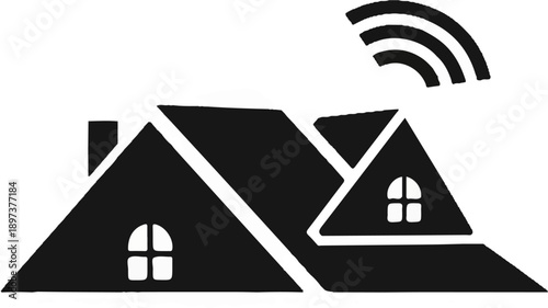 Stylized black house silhouette with multiple rooflines, chimney, windows, and radiating wireless signals