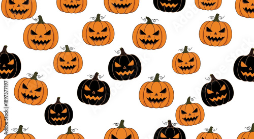 Seamless pattern of cartoon-style orange and black jack-o'-lanterns on a white background
