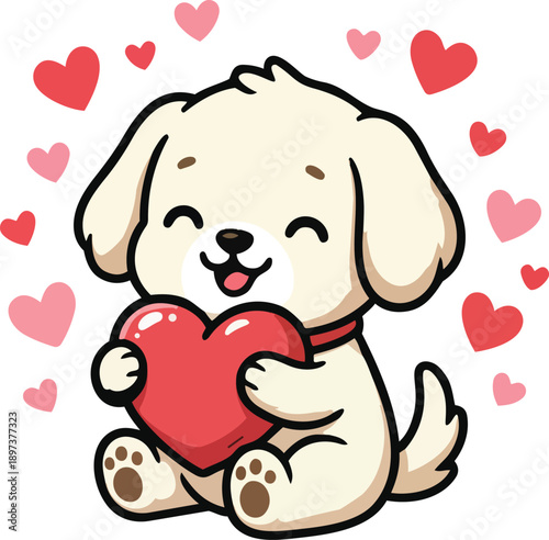 Adorable cartoon puppy holding a large red heart, surrounded by floating hearts, symbolizing love Vector