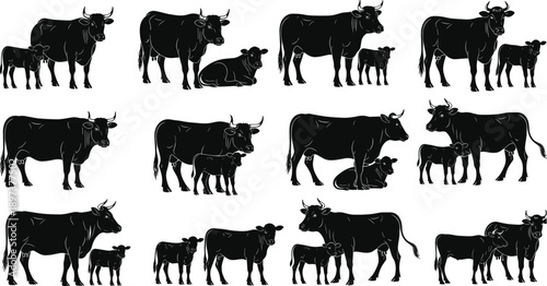 Cow and calf silhouettes set, farm animal family collection, black flat vector illustration isolated on white background