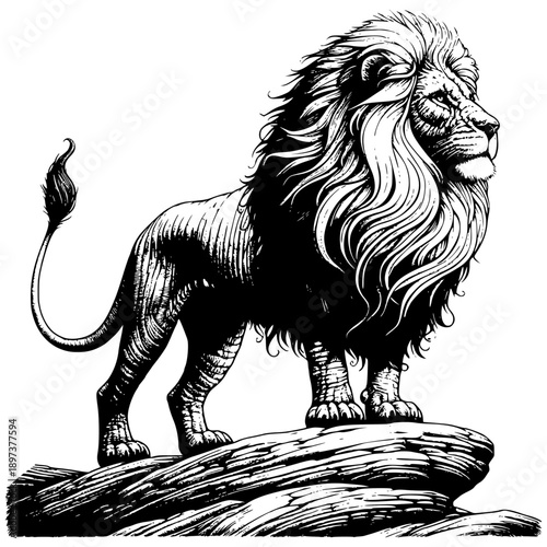 Majestic Lion Silhouette: A striking black and white illustration captures the regal essence of a lion, poised on a rocky outcrop. Embodying strength and authority.