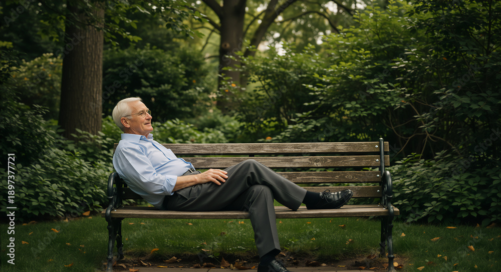 Fototapeta premium Senior man sitting on wooden bench in green park. Elderly male relaxing outdoors. Retirement lifestyle and leisure concept